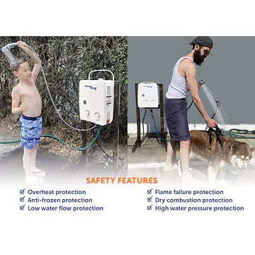 Portable Tankless Water Heater Propane Gas 5L 1.32GPM at 34,000 BTU, Outdoor Instant Hot Water Shower for RV, Camping, Farm, Cabins - Master