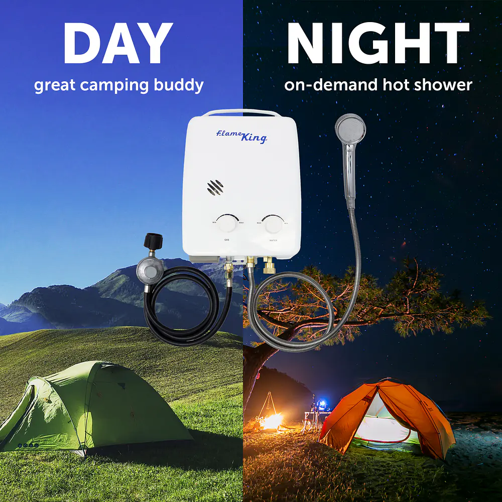 Portable Tankless Water Heater Propane Gas 5L 1.32GPM at 34,000 BTU, Outdoor Instant Hot Water Shower for RV, Camping, Farm, Cabins - Master