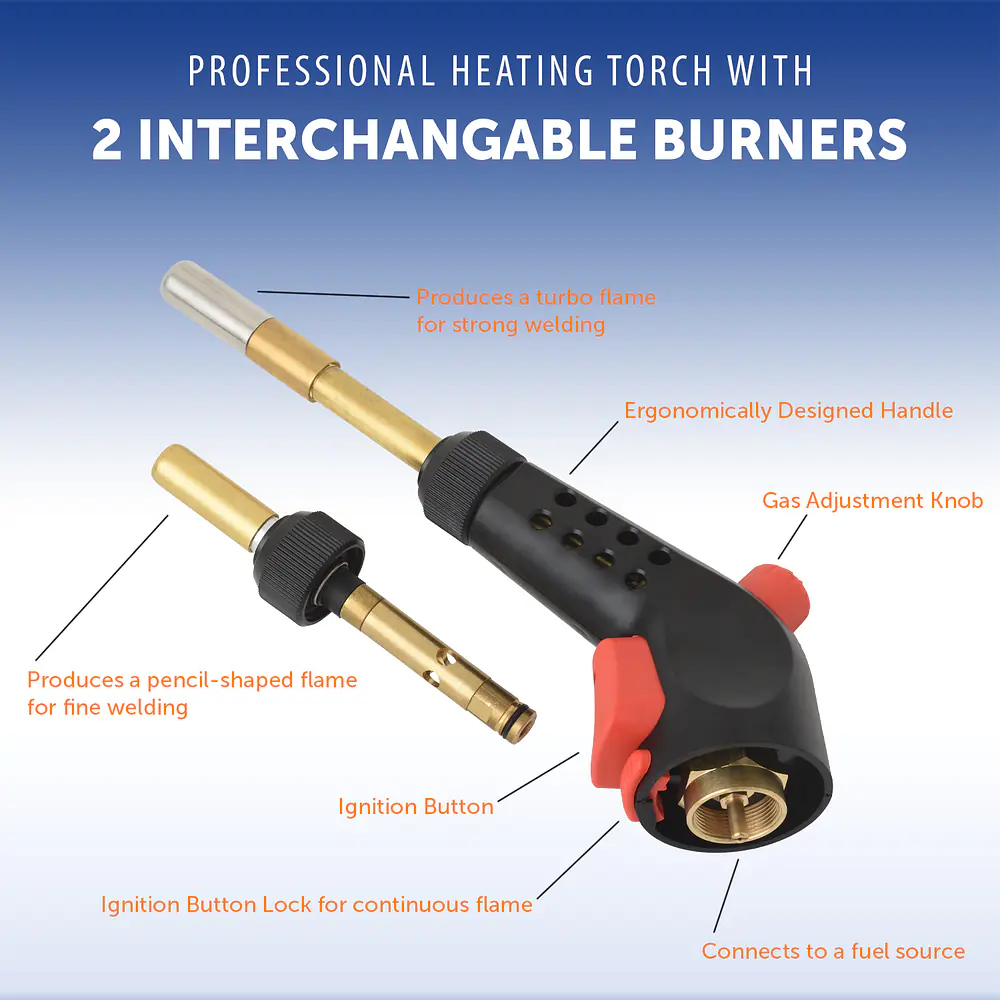 Propane Gas Blow Torch with Push Button Igniter & 2 Interchangeable Heads - Master