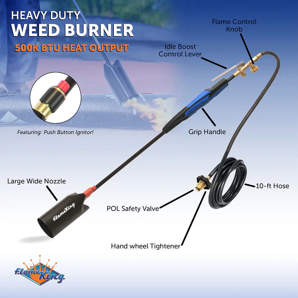 Heavy Duty Weed Burner, 500,000 BTU with Push Button Piezo Ignitor (Self Igniting) - Master
